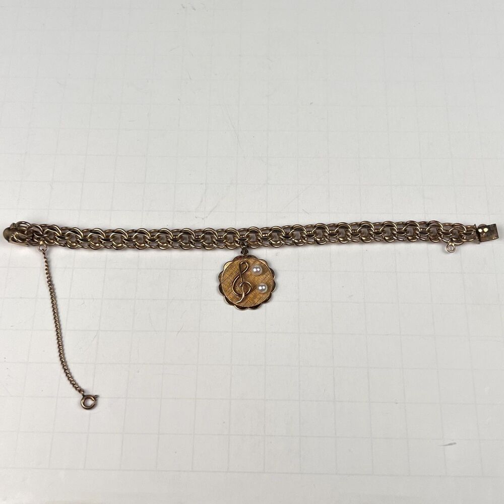 Vtg Kaco Signed 20g,12K Gold GF Bracelet Band Sweetheart Treble Clef 2 Pearls - Picture 5 of 9